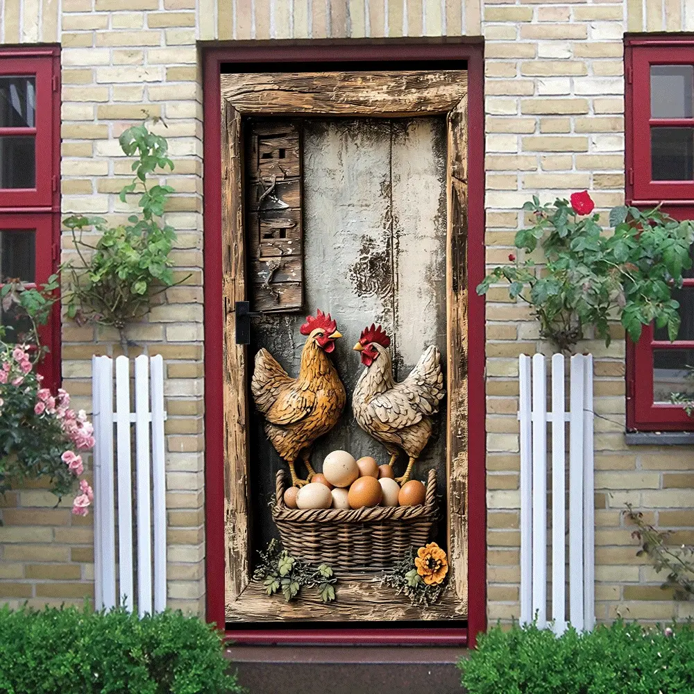 2pcs   Vintage Rustic Wall Sticker Wooden Frame Design Double Chicken Easter Egg Pattern Living Room Decorative Sticker Self Adhesive Wall Art Home Decoration New Year Holiday Supplies  Collage Self
