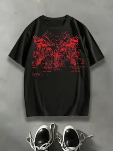 Gothic Metal Cross & Wings Graphic Aesthetic Short-Sleeve T-Shirt, Distressed White-on-Black Print with Abstract Text, Vintage Punk Style, Versatile Top for Concerts & Daily Streetwear