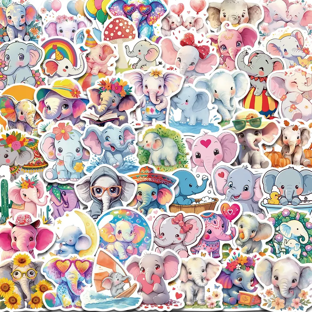50 Cartoon Elephant Animal Stickers Party Decoration Guitar Notebook Luggage DIY, Fun Kids Craft Supplies, Perfect for School & Home Use