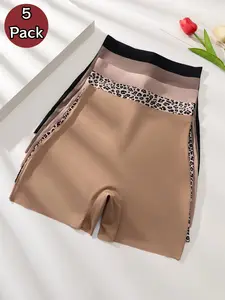 Leopard Pattern Shapewear Bottoms, Seamless Plain Design, Casual, Yoga Safety Pants, Daily Wear Women's Underwear, 5 Pairs Set