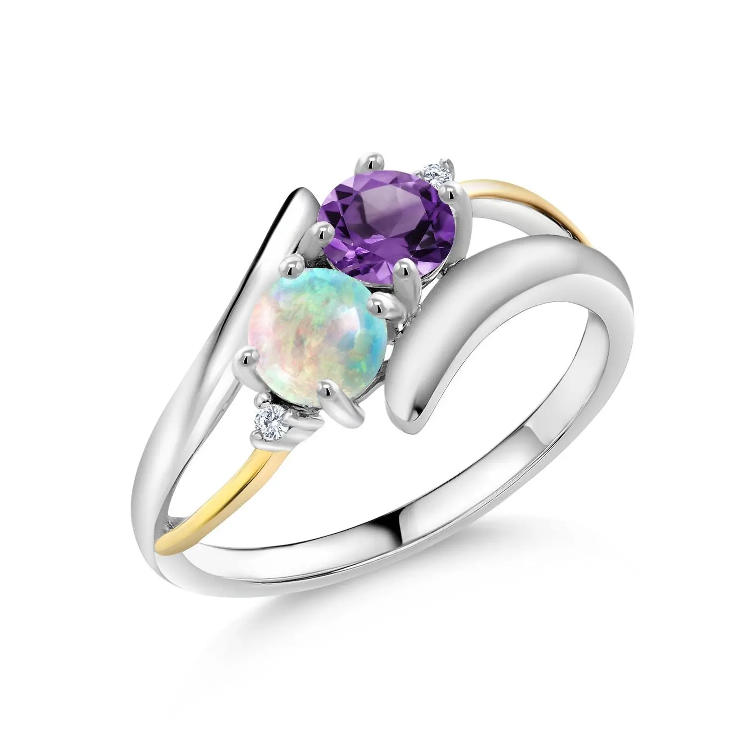 Gem Stone King 2-Stone Crossover Ring for Women | 925 Silver and 10K Yellow Gold Gemstone Birthstone Bypass Ring | Jewelry Gifts for Mom Wife Her