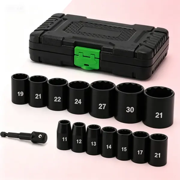 15-Piece 12-Point Metric Impact Socket Set, 1/2-Inch Drive, Drop-Forged Chrome Vanadium Steel, 11mm to 32mm Range, Corrosion-Resistant Black Phosphate Finish, High Visibility Markings, Drill Adaptor for Auto Repairs & Impact Wrenching, 12-Point Sockets