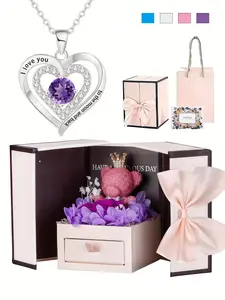 Preserved Rose Bear Gift Box with Mom Birthstone Necklace, Love Heart Pendant Necklace for Mama, Gift for Mom, Mothers Day Gifts for Mom, Mother's Day Gifts, Jewelry Gift Set for Mothers, Gifts for Her