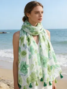 Women's Fresh Green Floral Print Tassel Scarf Lightweight Breathable Polyester Fabric 88x180cm Large Size Long Neck Wrap Forest Natural Style Versatile Decorative Shawl Multi-use Scarf For Daily Commute & Travel