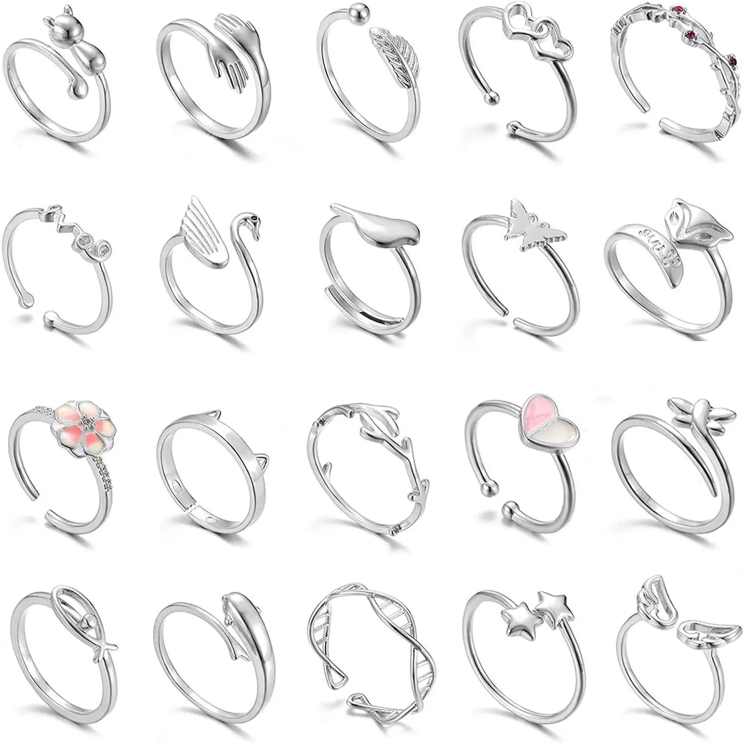 BY-256 20 Pcs Adjustable Rings Set for Women - Finger Rings Pack Stackable Rings for Teens- Cute Rings for Teen Girls -in Gold and Silver Tone