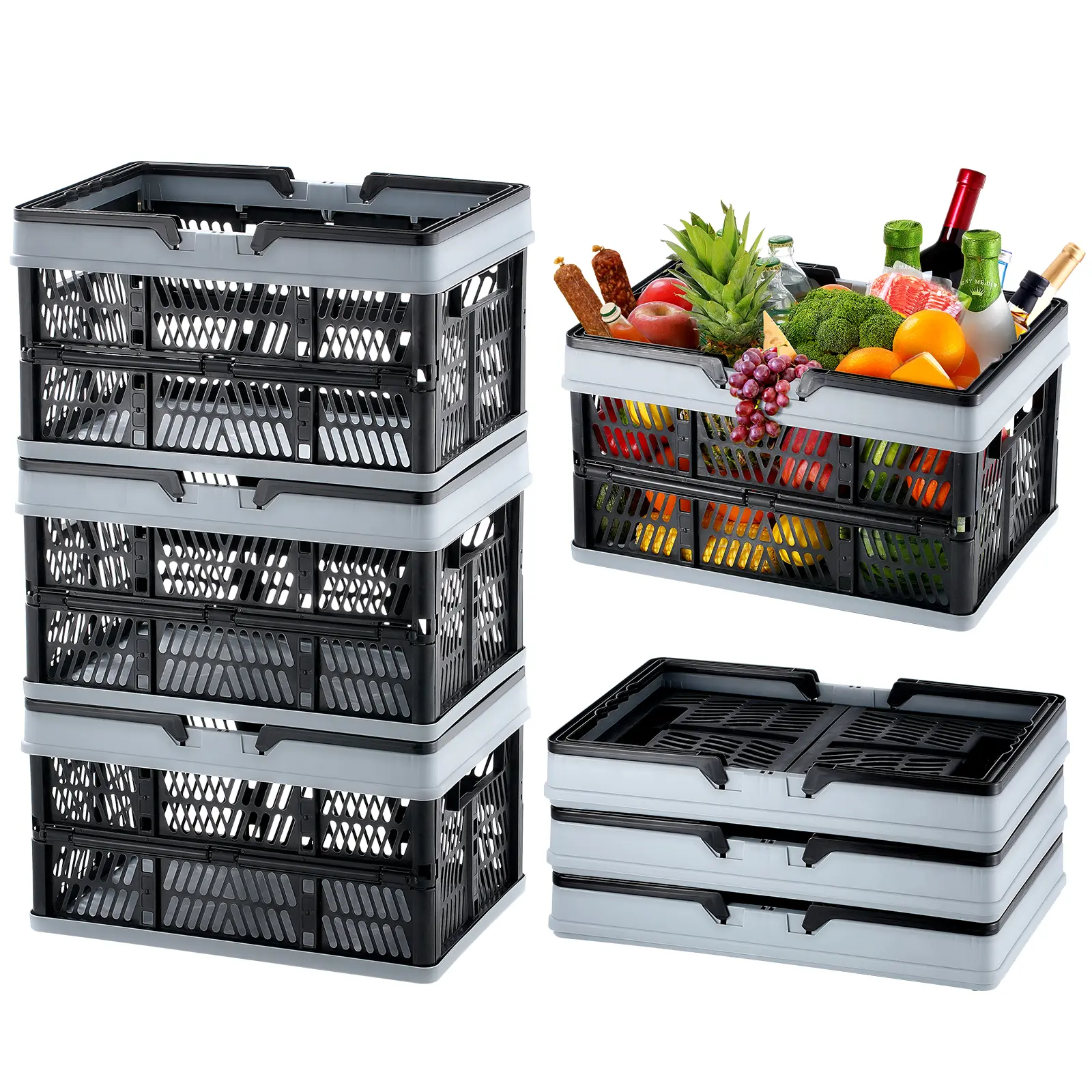 Spring new arrivals Collapsible Shopping Basket, 3 Pack, 25L Plastic Foldable Storage Crate with Handle, Grocery Fruit Vegetable Shopping Basket Folding Storage Container for Supermarket Retail Shopping