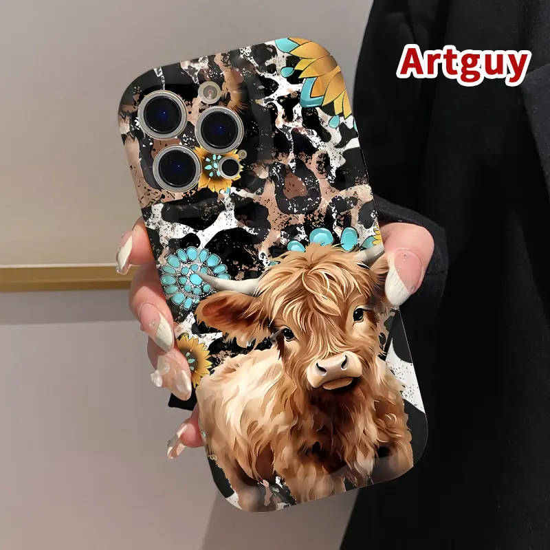 Silicone Cream Phone Case for iPhone 17 Pro Max, 16 Plus, 15, 14, 13, 12, 11, Air E - Western Leopard Cow Pattern, Curly Wave Frame, Shockproof Drop Protection, Rugged Durable Cellphone Cover, Silicon