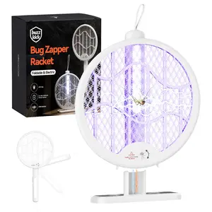 Electric Fly Swatter Racket buzzkick Foldable Bug Zapper Racket Portable 3 In 1 Fly Swatter Electric With USB Rechargeable Base 3500V Dual Mode Mosquito Killer For Indoor Home Kitchen Bedroom Backyard