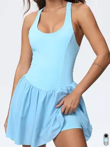 Women's Halter Neck Romper Sleeveless Dress Crossed Back and Shorts with Side Pocket Built in Shorts for Active Sports