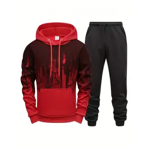 Men's casual sports suit, made of breathable knitted fabric, regular style, equipped with long sleeved hooded sweatshirt and sports pants, printed pattern, suitable for daily wear, suitable for autumn, winter, spring - medium elasticity hooded pullover