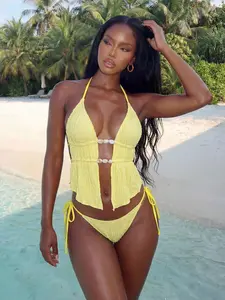Womens Halter Tankini Bikini Set Pearl Detail Tie Side 2 Piece Swimsuit Beach Vacation Swimwear Multiple Colors