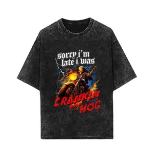 Sorry Im Late I Was Crankin My Hog Horror Skeleton Ride Motorcycle Men's T-Shirt Casual Short Sleeve Crew Neck Graphic Tee