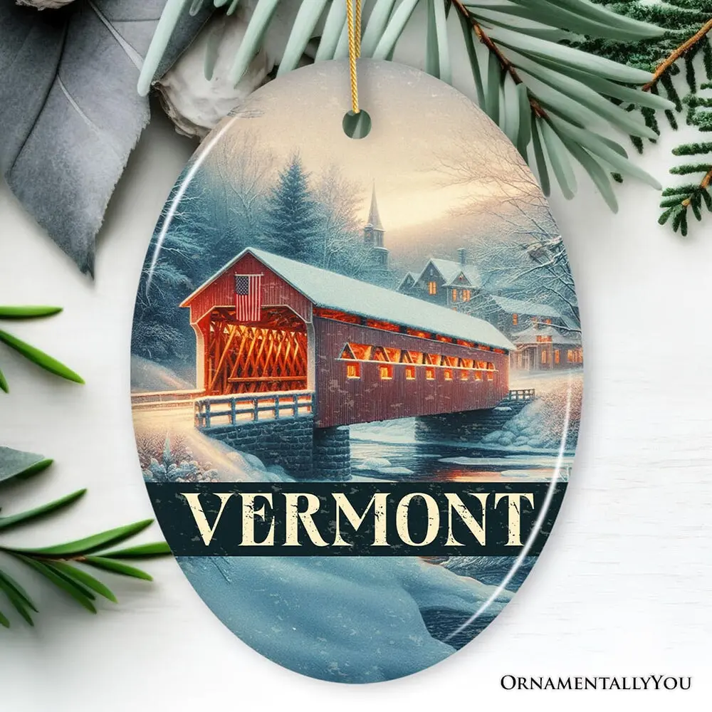 Rustic Red Covered Bridge Vermont Christmas Ornament, New England Historical Gift and Travel Souvenir