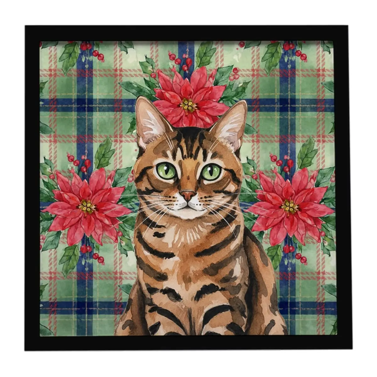 Carolines Treasures FNT1325MFP88 8x8 in. Framed Aluminium Print - Christmas Spotted Brown Tabby Cat with Floral Poinsettias, Artistic Wall Decor, Home Hanging Decoration, Gift-Worthy with Hanger