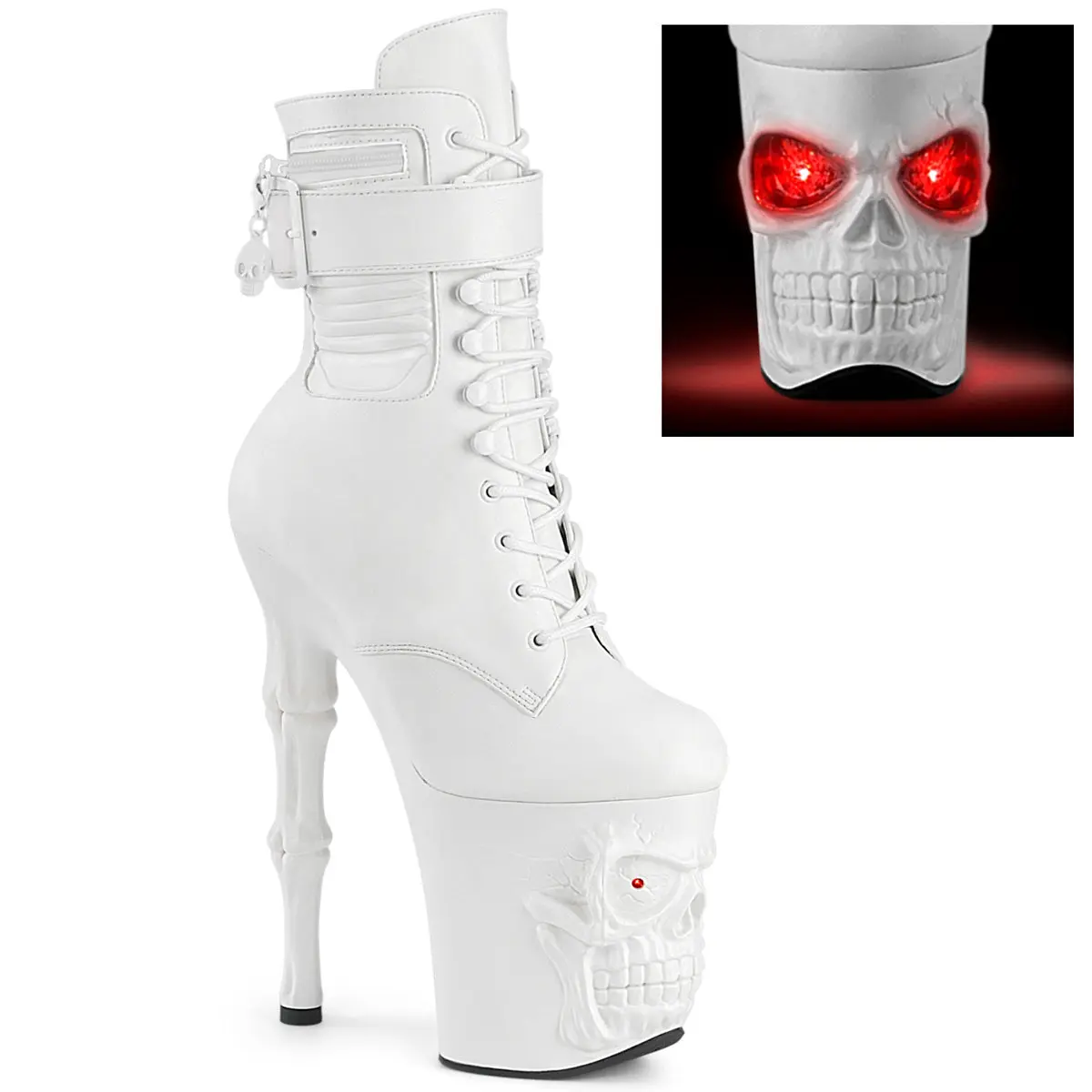 Pleaser Women's Punk Style Decorative Lace Skull Platform Heel Boot - Rapture-1020STR-LT, 4" (100mm) Red LED Lights, USB Chargeable Party Footwear