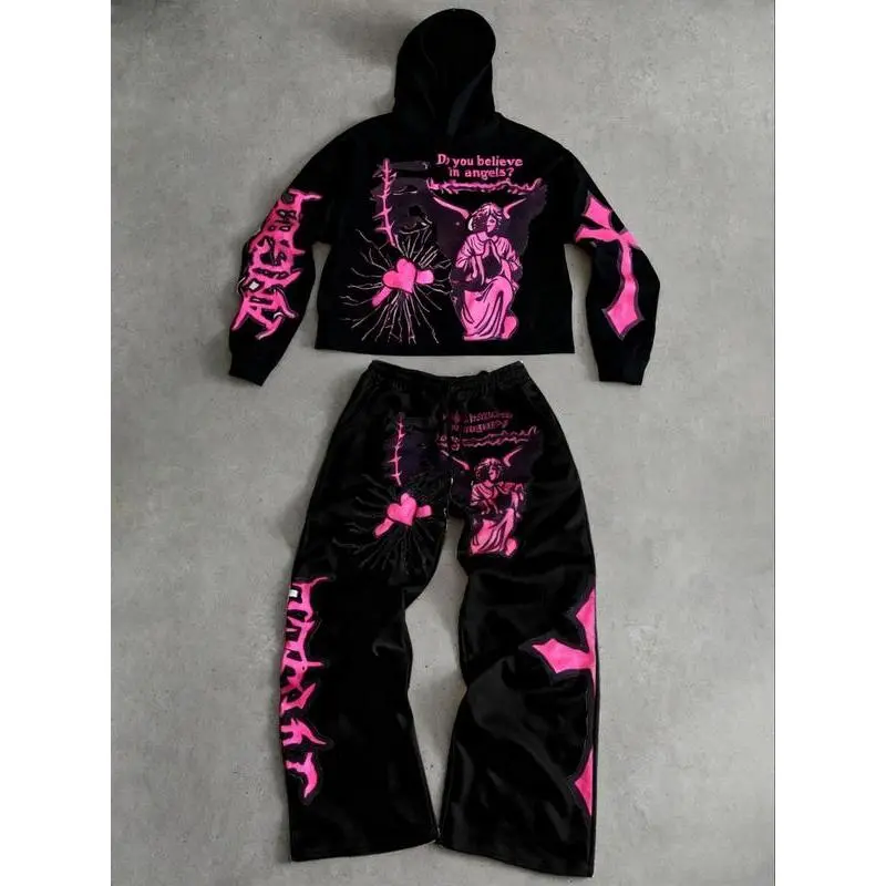 Two piece pattern set, angel and cross print short hoodie and loose pants, daily and party casual home wear Two piece pattern set, angel and cross print short hoodie and loose pants, daily and party casual home wear