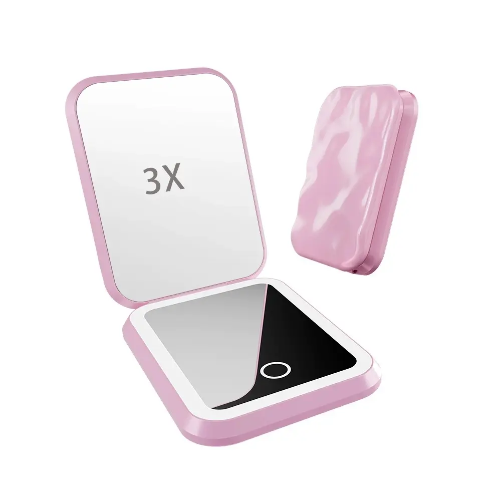 Portable LED Lighted Makeup Mirror with 3x Magnification, Compact Pocket Mirror, Dual-Sided, USB Rechargeable Beauty Mirror, Foldable Makeup Mirror, Travel Makeup Mirror