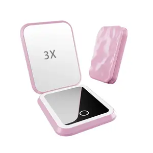 Portable LED Lighted Makeup Mirror with 3x Magnification, Compact Pocket Mirror, Dual-Sided, USB Rechargeable Beauty Mirror, Foldable Makeup Mirror