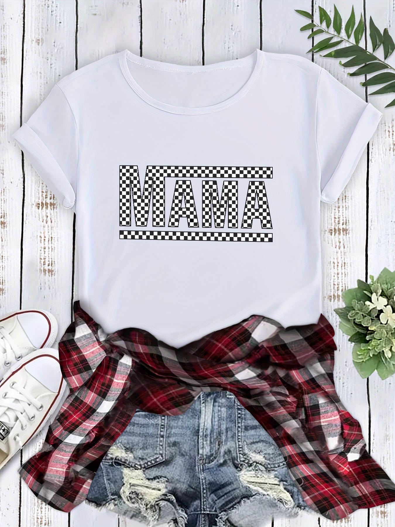 Women's Casual Loose Fit T-Shirt - Black & White Checkered MAMA Graphic Print, Breathable Summer Top with Round Neck, Machine Washable, Ladies T Shirts, Casual Attire, Relaxed Fashion, Nontransparent Material