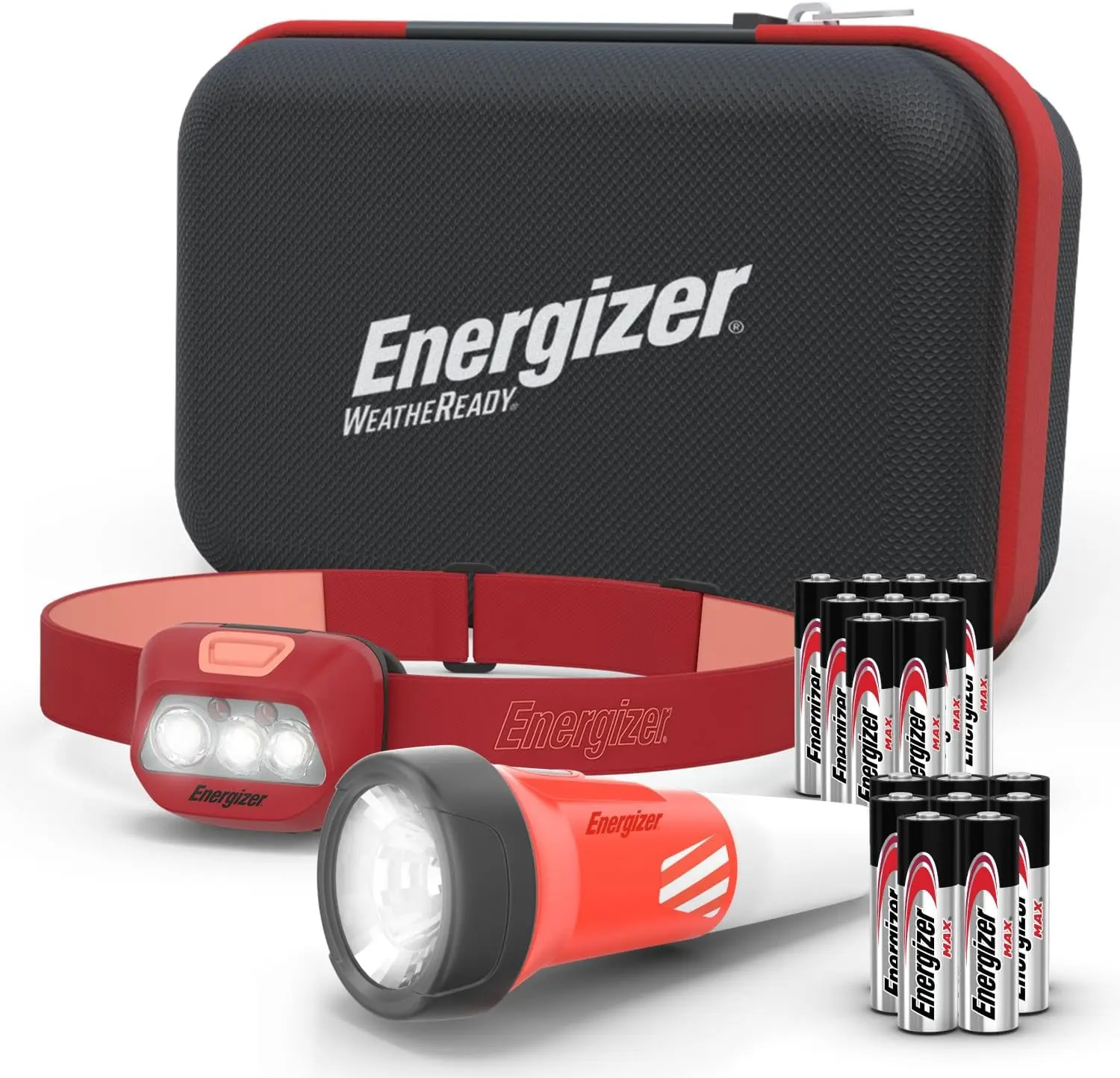 Energizer WeatheReady Power Outage Kit with 2-in-1 LED Flashlight Lantern, LED Headlamp, IPX4 Water-Resistant, Backup AA + AAA Batteries, Storage Case, Hurricane Preparedness Items
