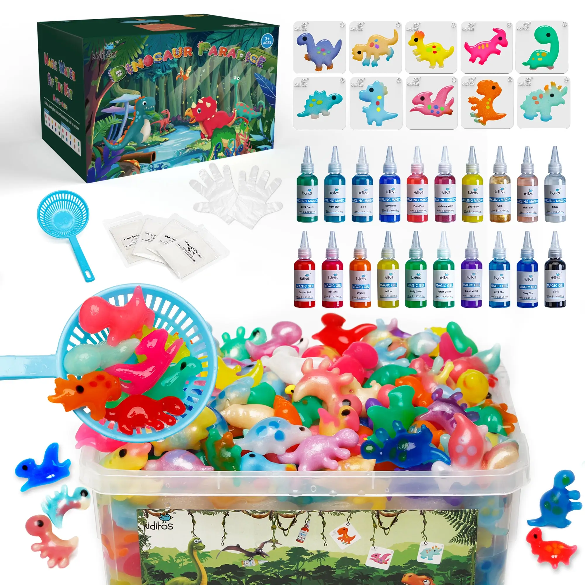 Kiditos Dinosaur Edition Magic Water Elf Toy Kit with 20 Magic Gels and 10 Dinosaur Molds - Imaginative Play, Christmas Gifts, Birthday Gifts, Party