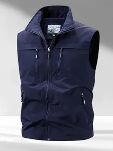 Men's Sleeveless Vest Jacket with Zipper and Multiple Pockets, Nylon Outdoor Clothing, Comfortable Breathable for Fishing Photography Sports