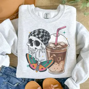 Coffee - Dripping Skellie With Iced Coffee Sweatshirt - Ash Grey - Preppy Fit Aesthetic Jersey Unisex