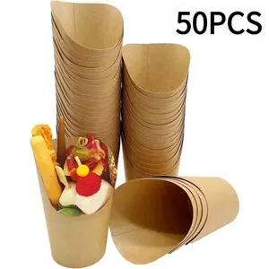 50Pcs French Fries Holder 12oz Charcuterie Cups Disposable Take-out Party Baking Waffle Paper Popcorn Boxes Kraft Paper Cups Holder French Fry Cups Holder Wedding Food Trays Paper Cones