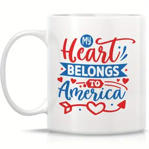1pc 11oz Ceramic Mug with "My Heart Belongs to America" Patriotic Design - Red, White & Blue Stars & Stripes, Hearts & Arrows - 4th of July, Birthday Gift, Reusable Insulated Coffee Cup, Dishwasher Safe, Coffee Mug