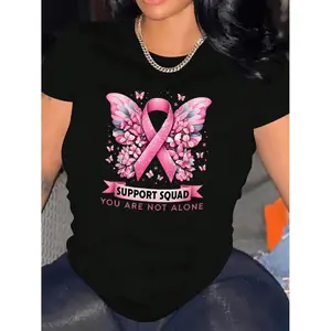 Women's Breast Cancer Awareness Butterfly Ribbon Print Sports Top, Soft Pink & White Support Design, Comfortable Stretch Fabric, Round Neck