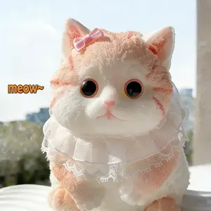 Adorable Fluffy Pink & White Cat Squishy Toy, Ultra-Soft Plush-Textured Stress Relief Squeeze Ball, Chubby Kitten Design with Lace Collar & Pink Bow, Cloud-Like Mochi Texture, Satisfying Sensory Fidget Toy for Relaxation, Aesthetic Desk Decor