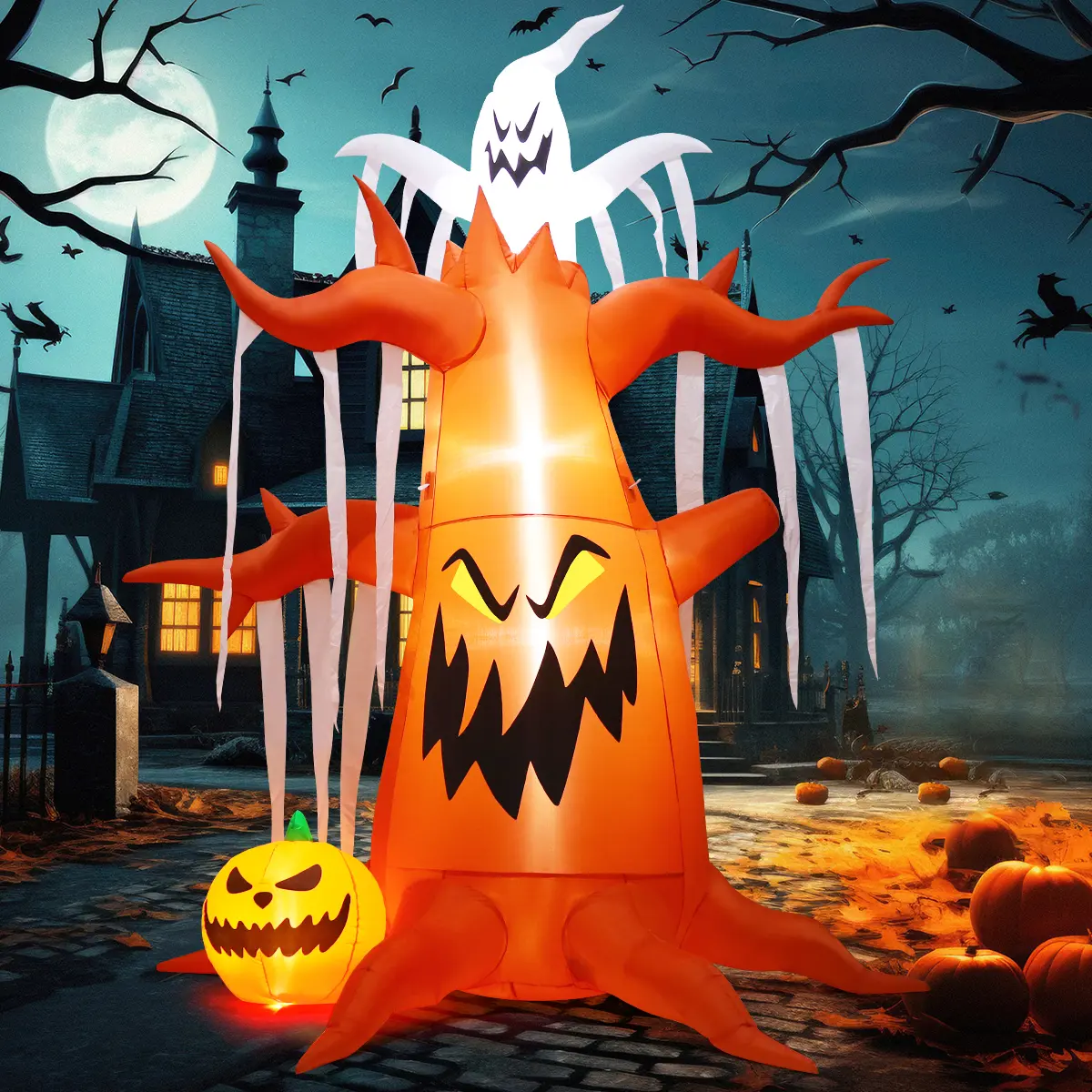 10 FT Halloween Inflatable Dead Tree with Pumpkin, Ghost & LED Lights for Outdoor Yard Decor
