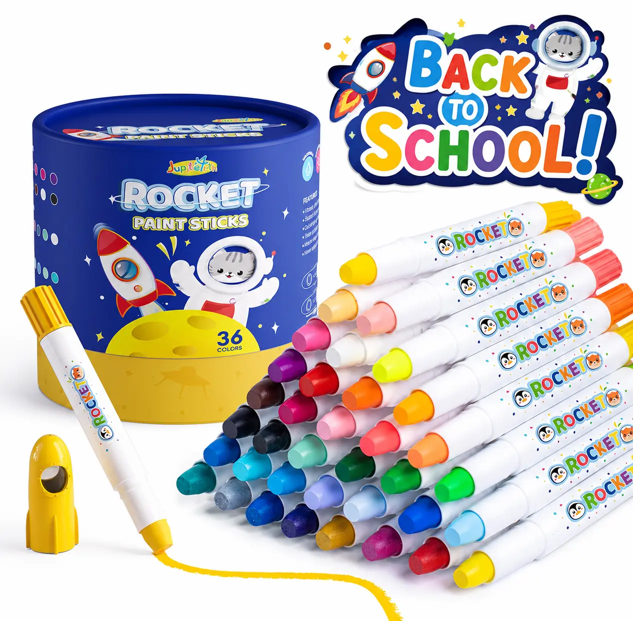 【back to school shopping】JUPITEARTH 36Colors Rocket-Tempera Gouache Paint Sticks, Jumbo Silky Crayons for Toddlers Easy Grip, Non Toxic Washable Oil Pastels Crayons for Kids Gifts Back to School Shopping with 120-Page PDF Coloring Book 02, Craft,