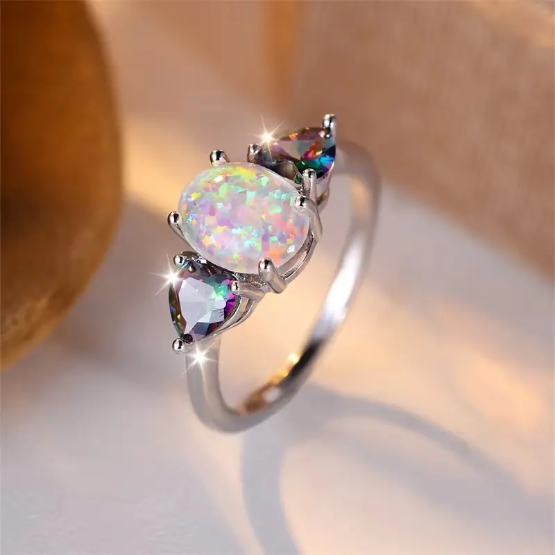 Oval Mystic White Fire Opal Rings For Women Silver Color Wedding Bands Rainbow Heart Zircon Engagement Party Jewelry Mother Gift