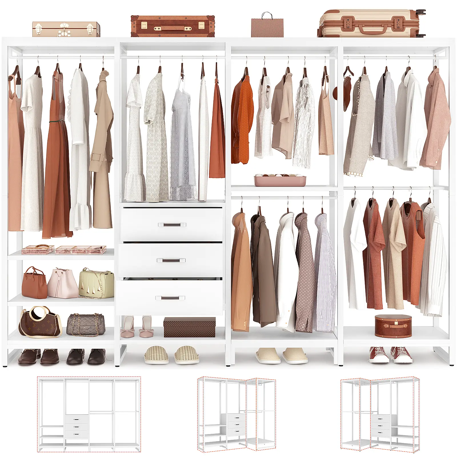 ISUNIRM Large L-Shaped Heavy-Duty MDF+Steel Wood Clothes Rack Wardrobe - Dressers with 3 Wood Drawers, Closet Storage System for Bedroom Walk-In Hanging Garment Organization