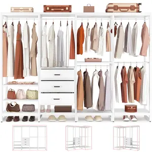 Wood Clothes Rack Wardrobe Closets for Hanging Clothes Heavy Duty Garment Rack, Large Corner L Shaped Closet System Organizer Walk-in Closet for Bedroom with 3 Wood Drawers