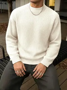 Men's Fall Winter American Style Fashion Comfortable Knit Long Sleeve Crewneck Classic Warm Casual Sweater, Thick Fabric Plain Pattern Fitted Design, Knit Sweater Clothing