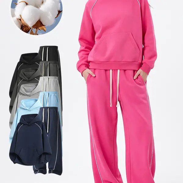 Women Solid Color Hoodie & Wide Leg Pants 2Pcs Outfit, Fall Winter Loose Casual Sporty Two Piece Set, Multiple Colors Available