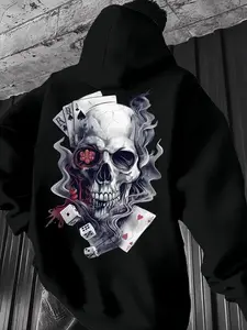 Men's Skull & Playing Card Print Hoodie, Fashion Casual Regular Fit Hooded Sweatshirt for Daily Holiday Outdoor Wear, Men Clothes for Fall & Winter, Halloween