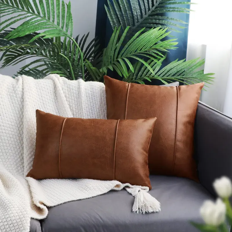 Solid color leather cushion cover, hand-sewn brown pillowcase, office sofa cushion cover