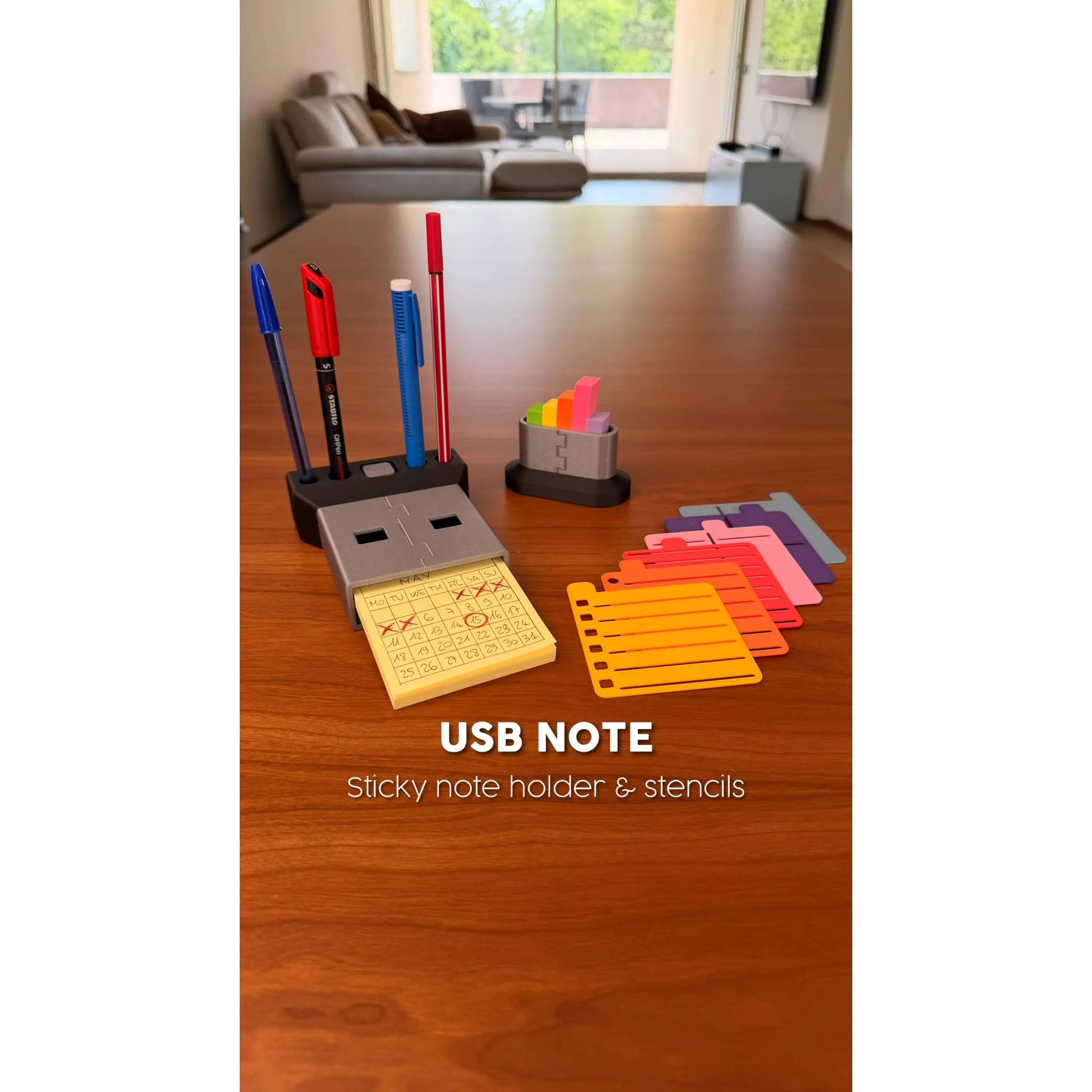 USB 3.0 Minimalist Sticky Note Holder with 1-Set of 6 Different Color Stencils, 15x50mm & 3x3 Sticky Note Pads, Front Button Desk Organization Accessory for Gaming Setups