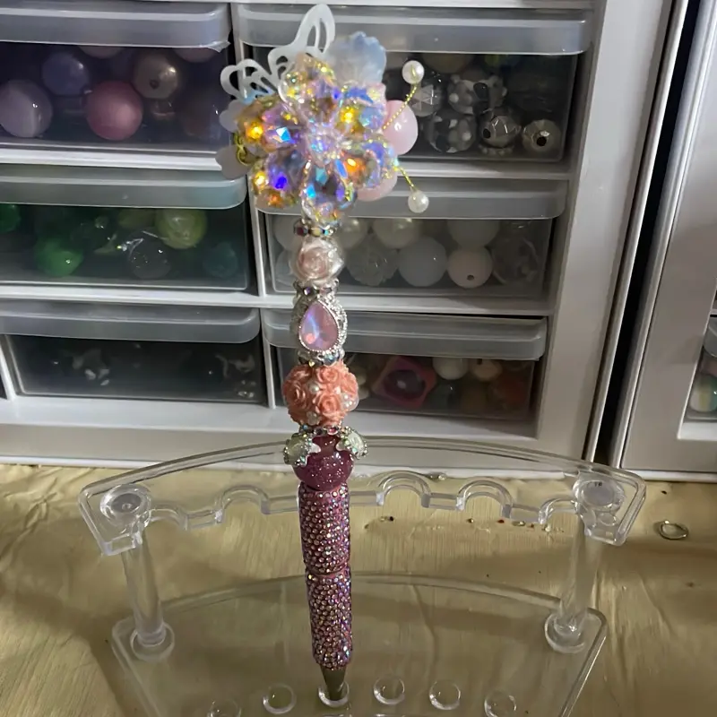 Custom Sparkly Pink Flower Rhinestone Pen with Pink Beading and Rhinestones for Stylish Writing