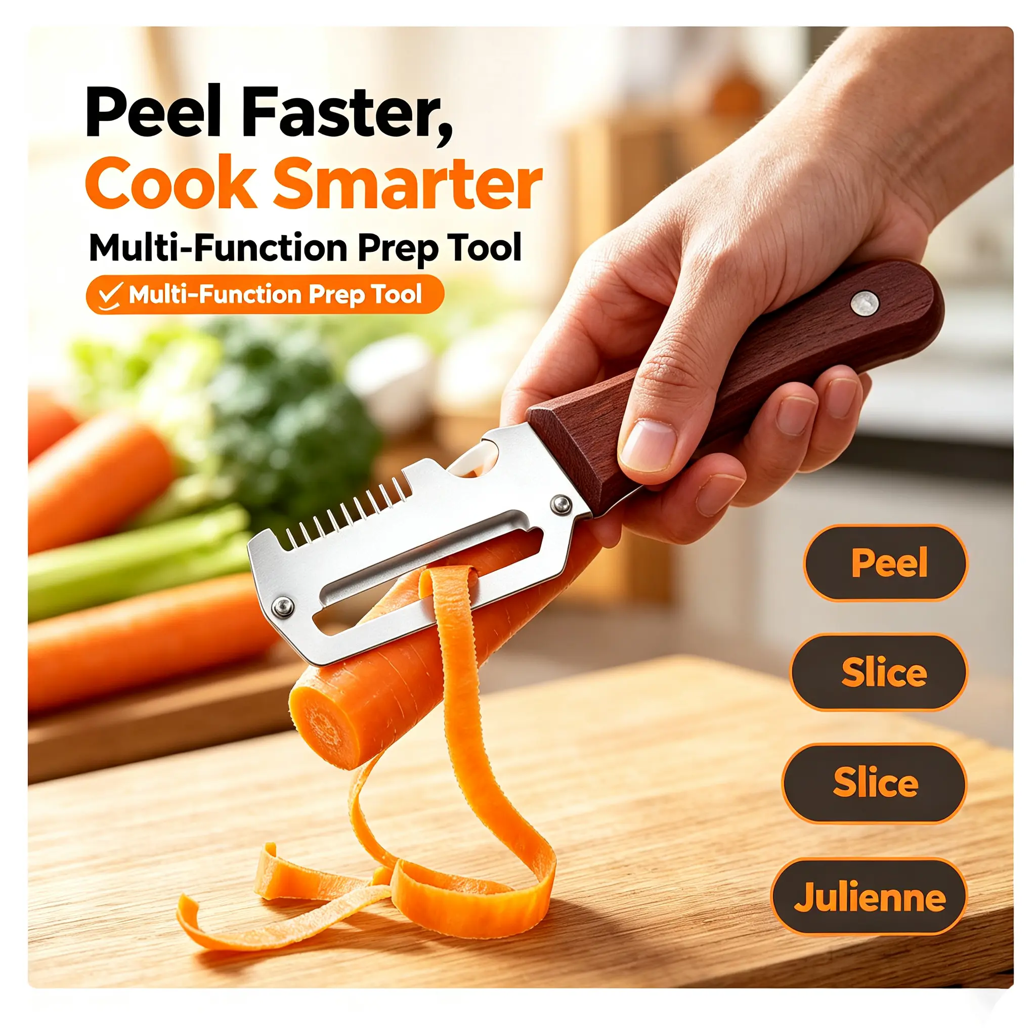 3-in-1 Multi-Function Vegetable Fruit Peeler, Wooden Comfort Grip Handle, Stainless Steel Blade, Julienne Slicer Cutter with Bottle Opener, Dishwasher Safe Kitchen Prep Gadget for Potato