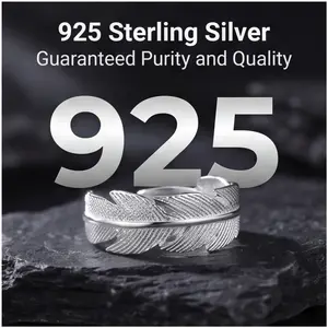 Sterling Silver Feather Adjustable Ring - 925 Silver Dainty Nature Inspired Boho Minimalist Ring for Women Gift