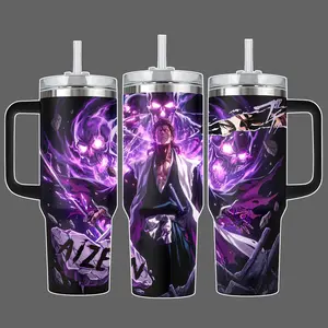 Bleach Sosuke Aizen Hogyoku Form Purple Skull Aura Full Wrap Stainless Steel Insulated Tumbler With Handle Straw Lid 20oz 40oz Anime Design