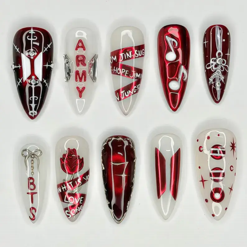 Kpop Concert Press On Nails, Custom BTS Fake Nails, Red and White Army Fandom 3D Nail Art, Kpop Concert Nails, Almond Reusable Nails