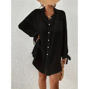 [Black Chiffon Cover-Up] Chiffon Beachwear Women's Stylish Black V-Neck Cover-Up Shirt | Relaxed Fit, Tie Sleeves, Front Pocket | Casual Beach Vacation Swimsuit Smock for Spring/Summer/Fall
