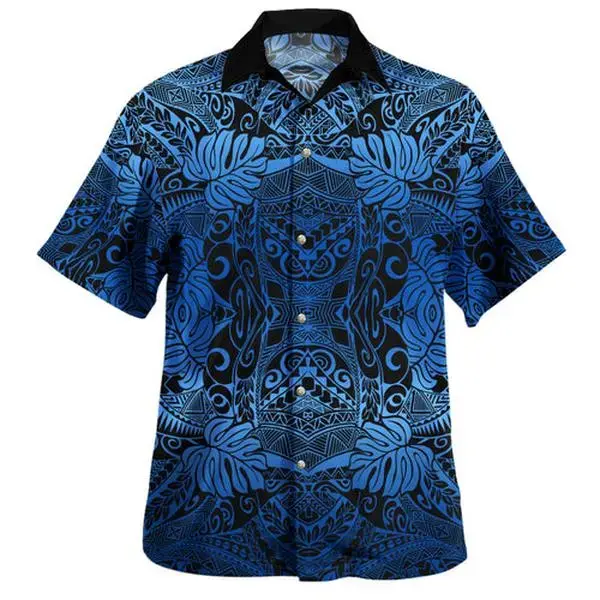 Men's Royal Blue & Black Hawaiian Shirt – Polynesian Tribal Tattoo & Monstera Leaf Print Short Sleeve Beach Top, Casual Vacation Shirt