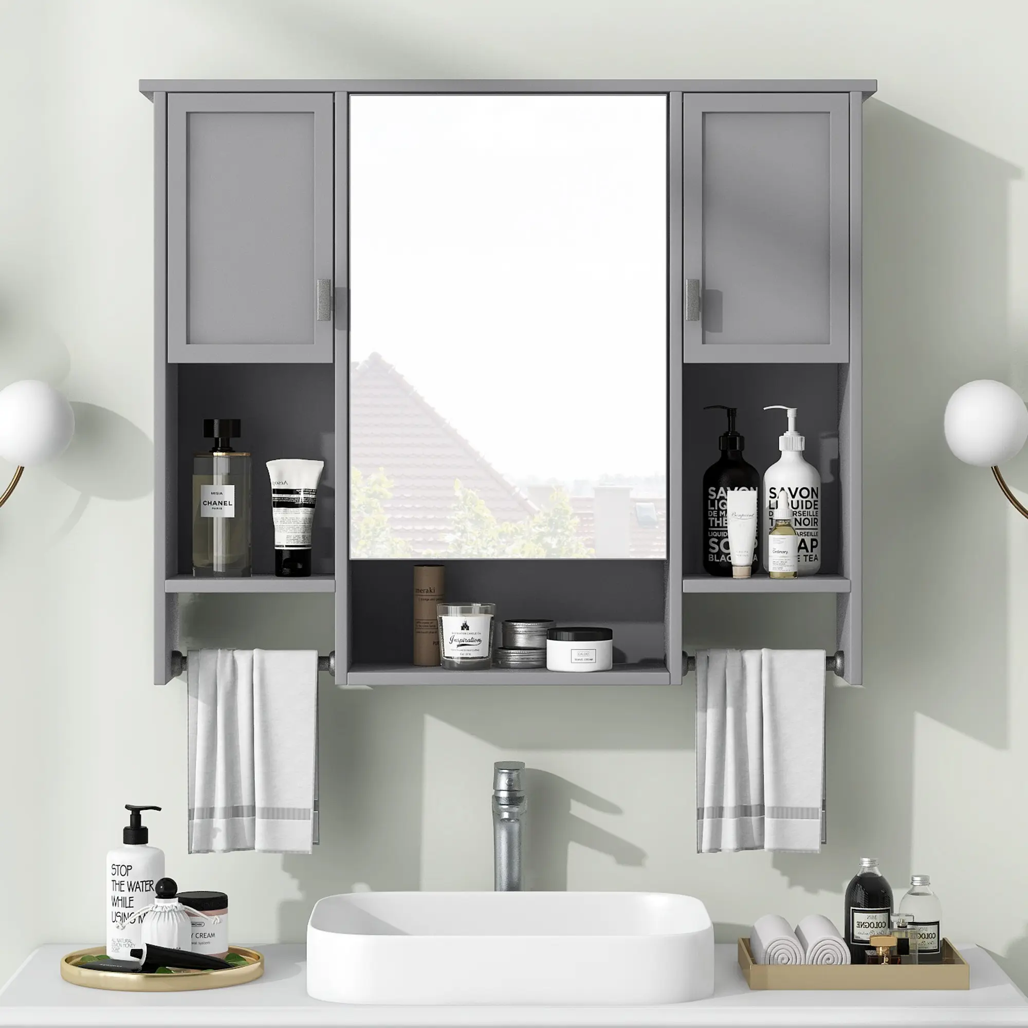 35'' x 28'' Wall Mounted Bathroom Storage Mirror Cabinet  with Open Shelves,Shelf, Side Cabinet and Towel Bar,Over The Toilet Mirrored Cabinet