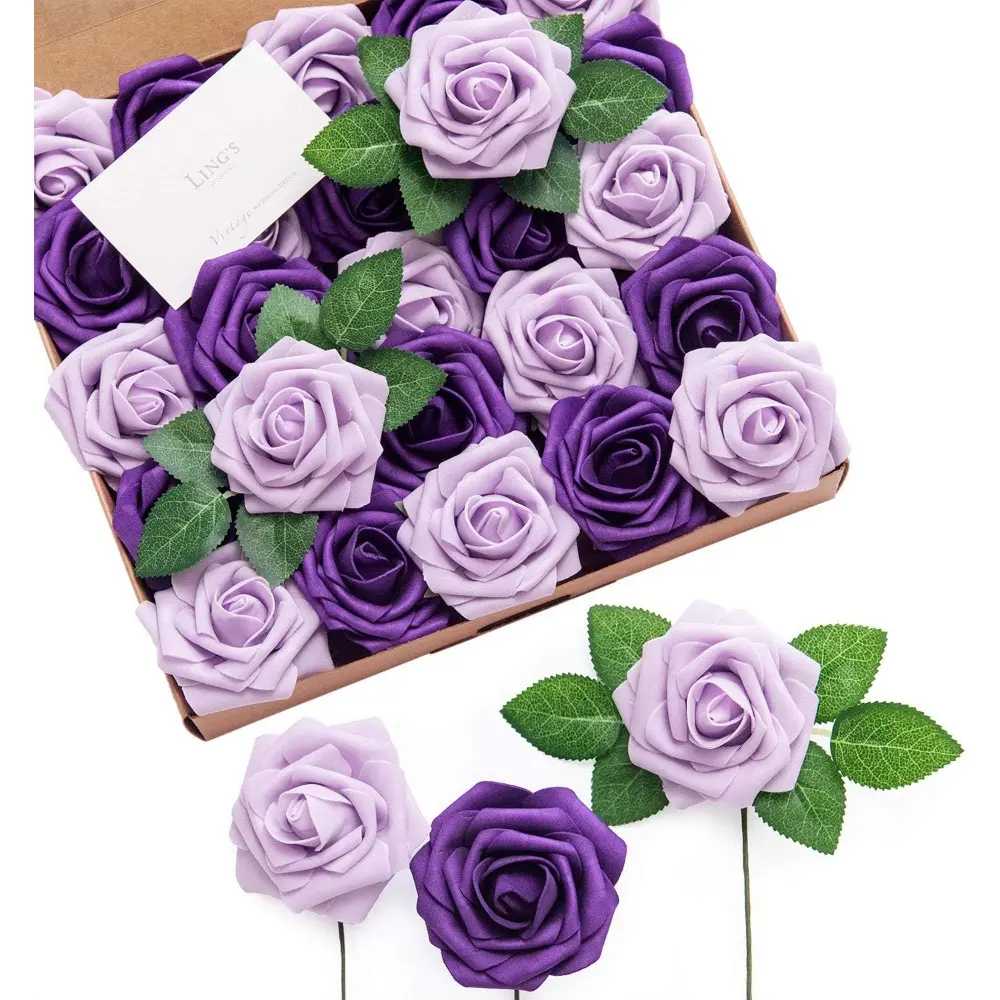 50pcs Lilac Purple Artificial Roses Decor W/Stems, 3.15inch Real Touch Foam Floral for Wedding Bouquet/Centerpieces, Outdoor Party Backdrop, Room/Table, and Garden Pot Decor